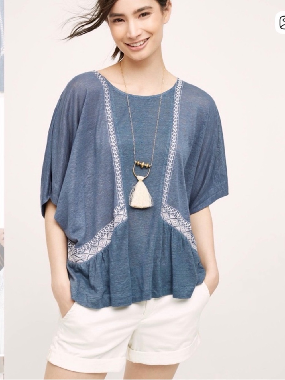 Anthropologie Slate Blue Embroidered Short-Sleeve Tunic